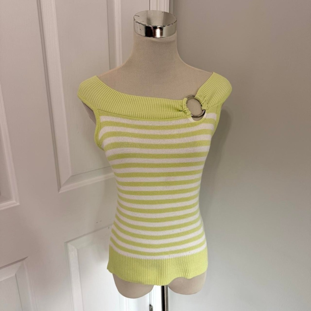 GREEN AND WHITE STRIPED GREAT AMERICAN SWEATER SILVER RING SLEEVELESS SWEATER